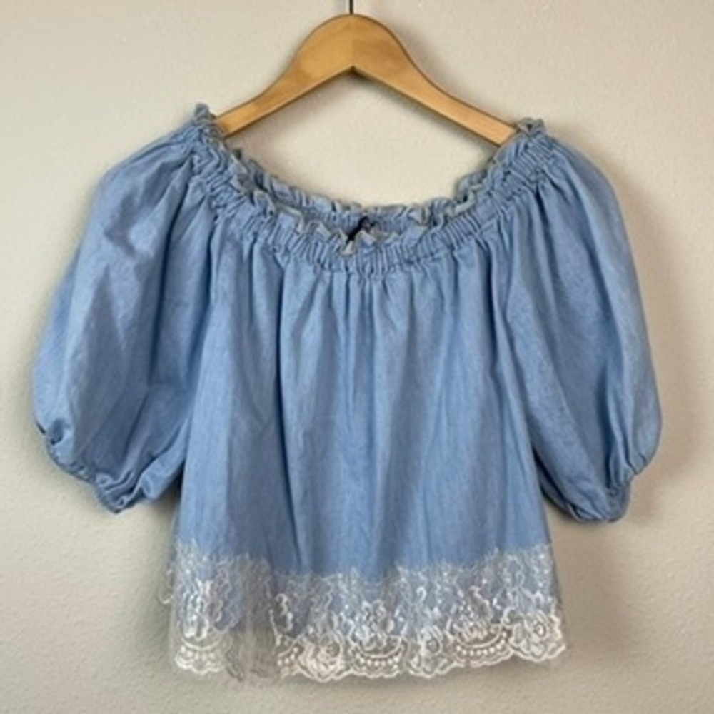 Liu‎ Jo Milano Off Shoulder Top Women 6 Blue Lace Hem Puff Sleeve Cottagecore